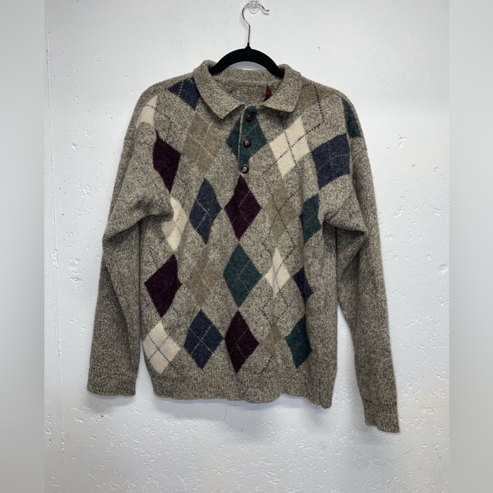 University club mens button collar Argyle Shetland Wool Sweater large gray Vtg